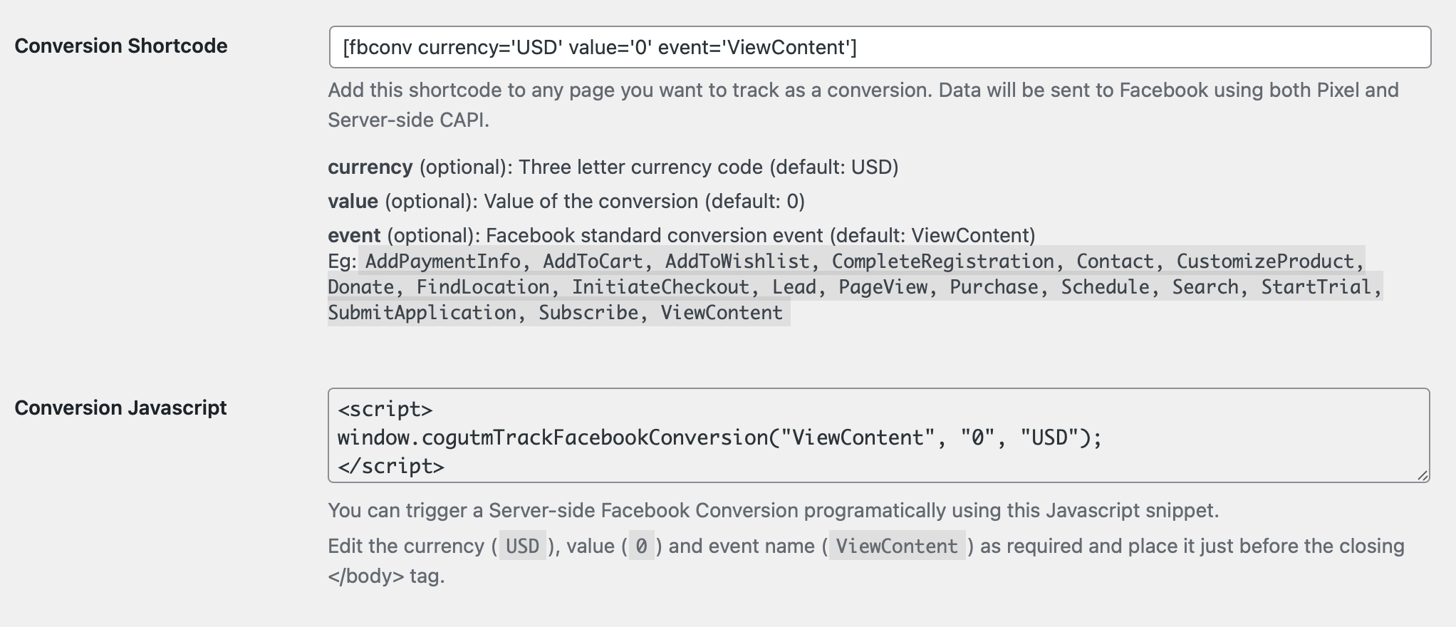 Conversion Snippets and Shortcode